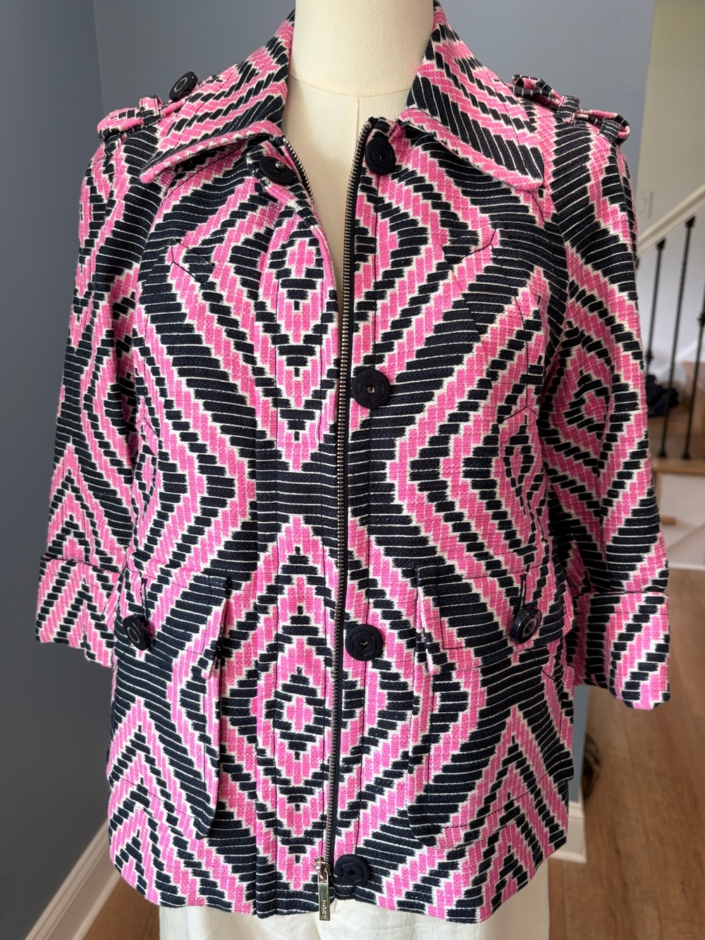 Tory Burch Pink Navy Geometric Ikat Jacket Linen Blend Zip Front Size 6